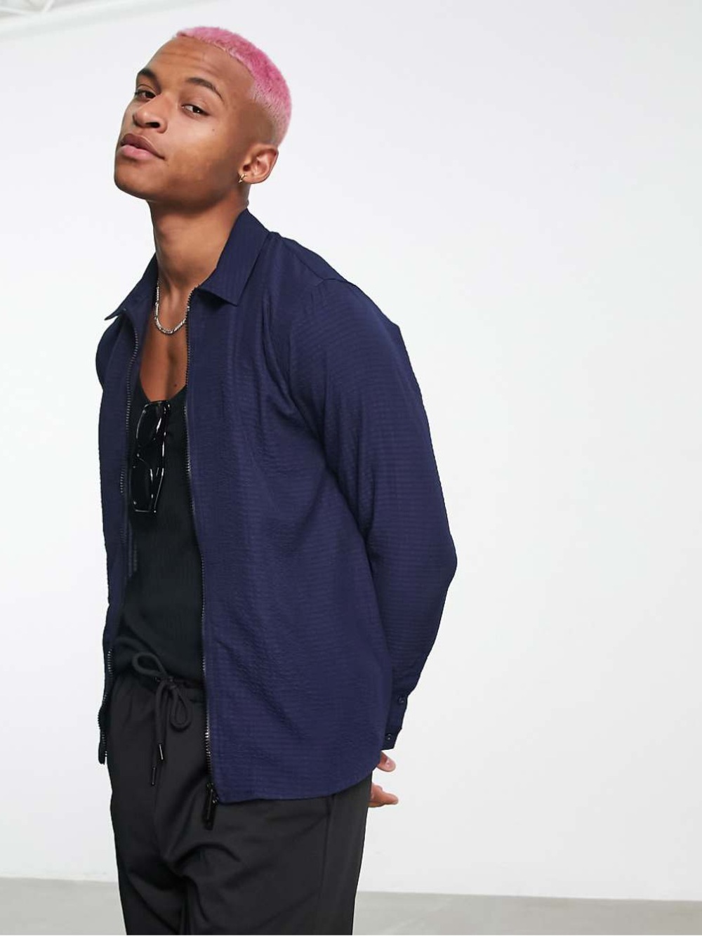Bolangaro Trevor Navy Zip-Up Shirt Jacket Medium Minimal Modern
